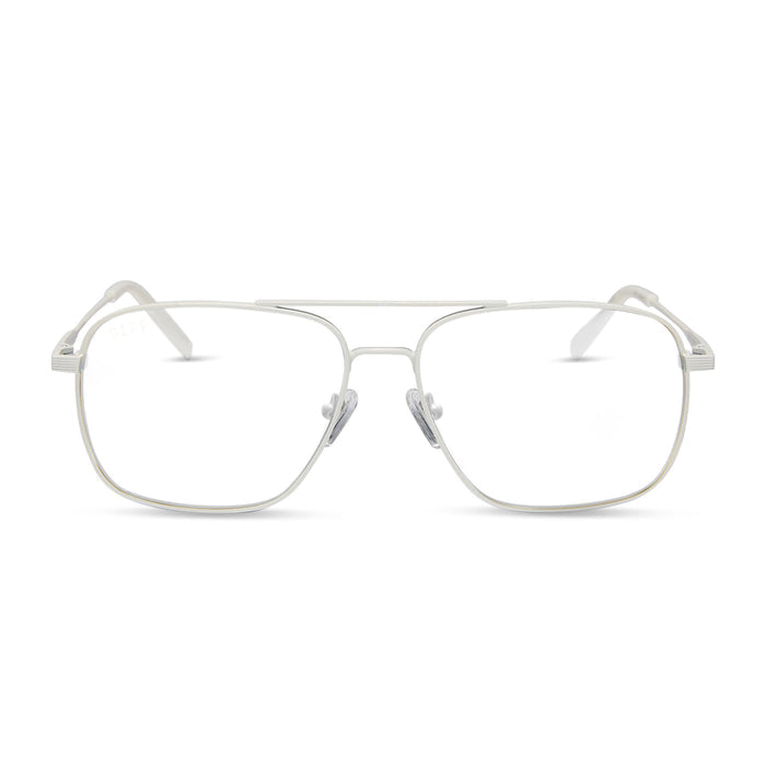star wars x diff eyewear featuring the blue squadron rebel pilot navigator prescription glasses with a white metal frame front view