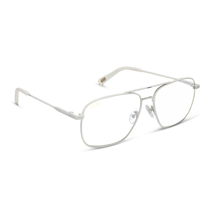 star wars x diff eyewear featuring the blue squadron rebel pilot navigator prescription glasses with a white metal frame angled view