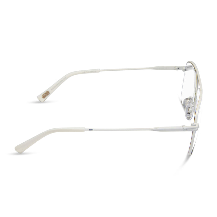 star wars x diff eyewear featuring the blue squadron rebel pilot navigator prescription glasses with a white metal frame side view