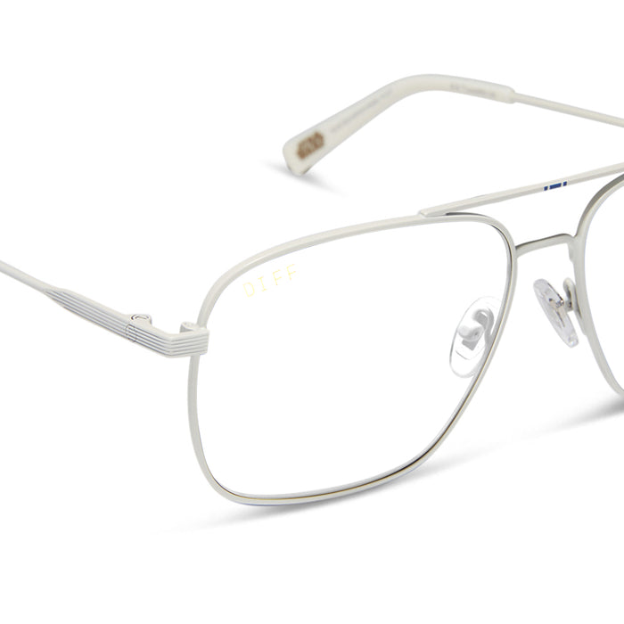 star wars x diff eyewear featuring the blue squadron rebel pilot navigator prescription glasses with a white metal frame detailed view
