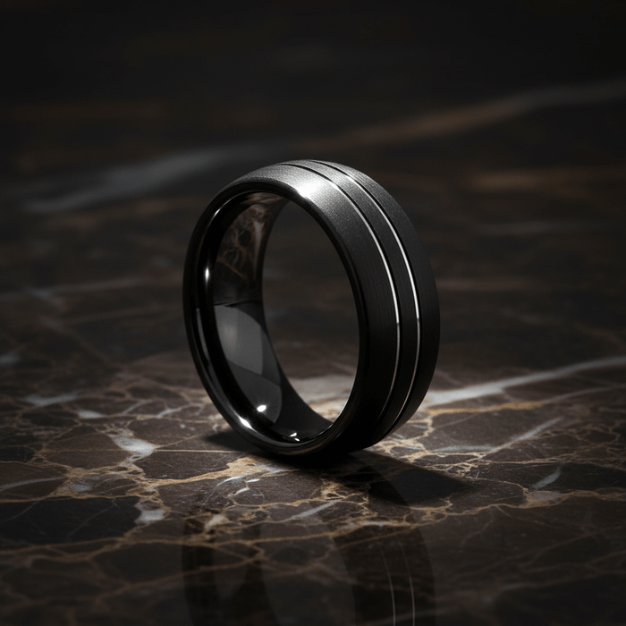 BOSTIN — Luxury 3/4 angle on dark marble — men's tungsten wedding ring.