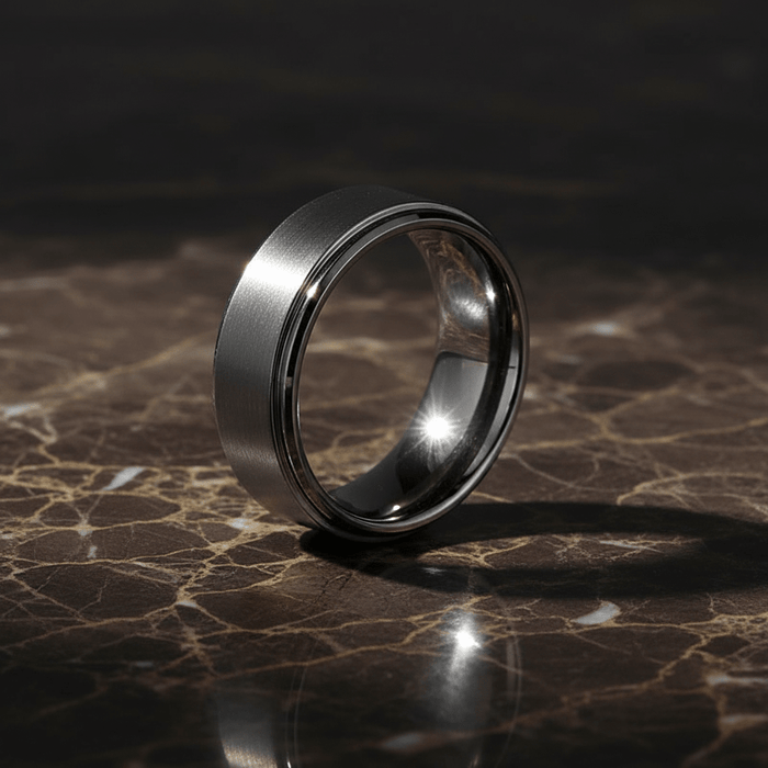 BOUNCER — detail view — men's tungsten carbide wedding ring | Aydins Jewelry