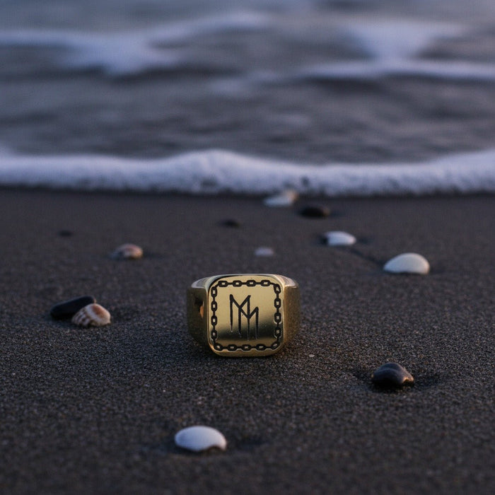 Aydins BRANDMARK | Custom Logo Laser Engraved Signet Ring Gold Silver Black lifestyle scene, saltwater tide