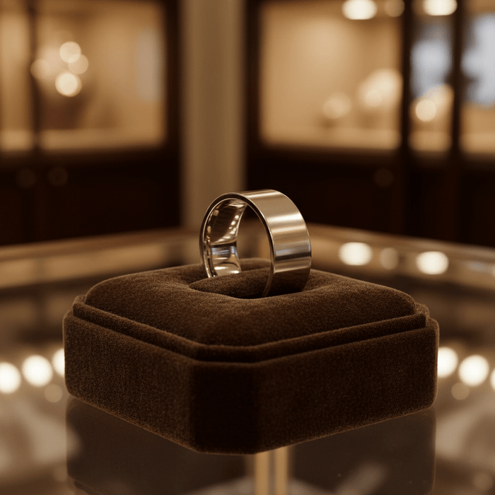 BRAWLER - Premium boutique display on velvet - men's tungsten wedding ring.