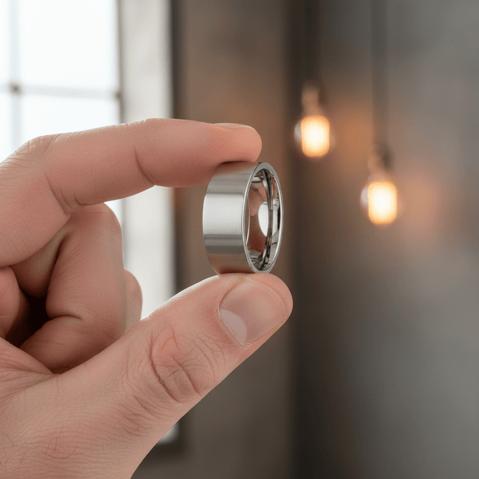 BRAWLER - Held between fingers close-up - men's tungsten wedding ring.
