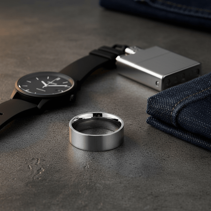 BRAWLER - Editorial masculine still life - men's tungsten wedding ring.