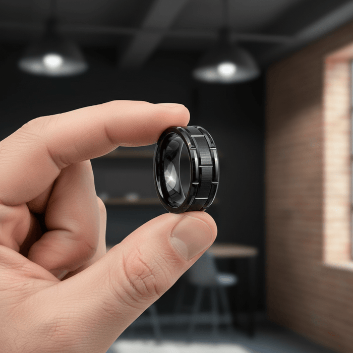 BRICKADE — Held between fingers close-up — men's tungsten wedding ring.