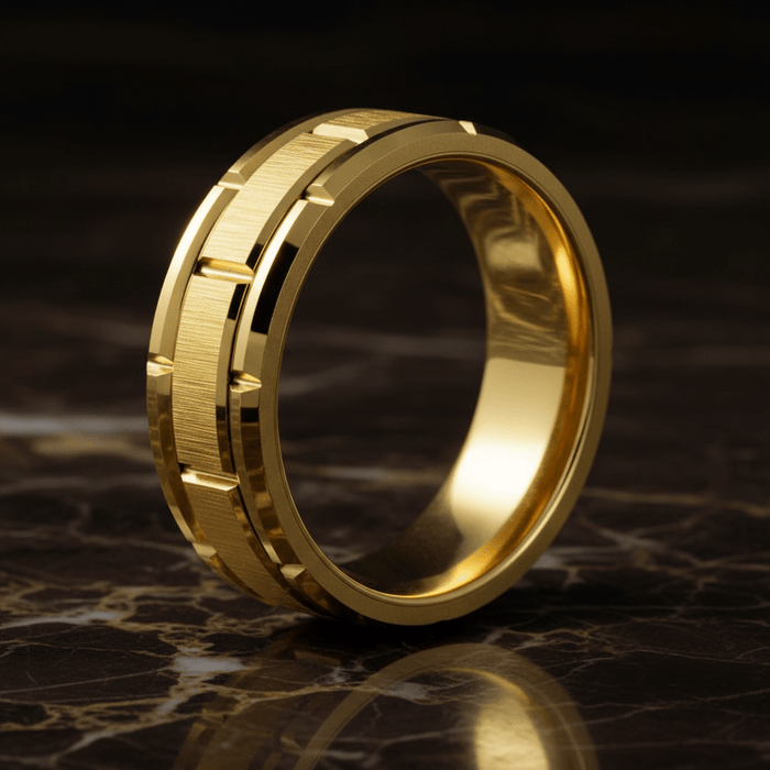 BRICKCRAFT — Luxury 3/4 angle on dark marble — men's tungsten wedding ring.