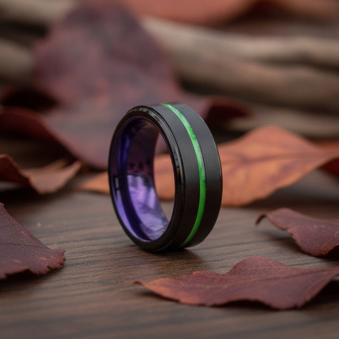 Aydins BRIDGEPORT | Purple Ring, Black Tungsten Ring, Green Groove, Stepped Edge lifestyle scene, autumn oak leaves
