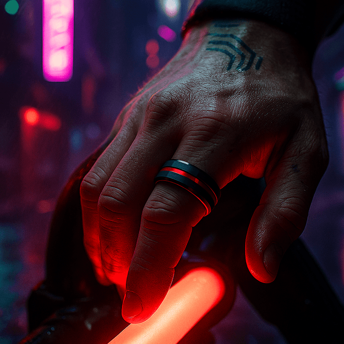 On hand view of BUGATTI Black Tungsten Ring featuring red groove and red interior, available in 6mm & 8mm widths