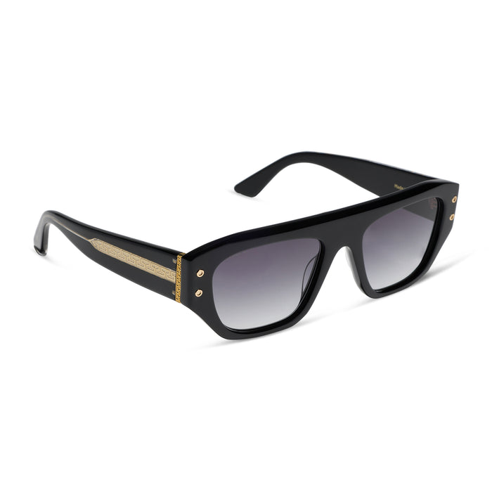iconica featuring the calla rectangle sunglasses with a black frame and grey gradient polarized lenses angled view