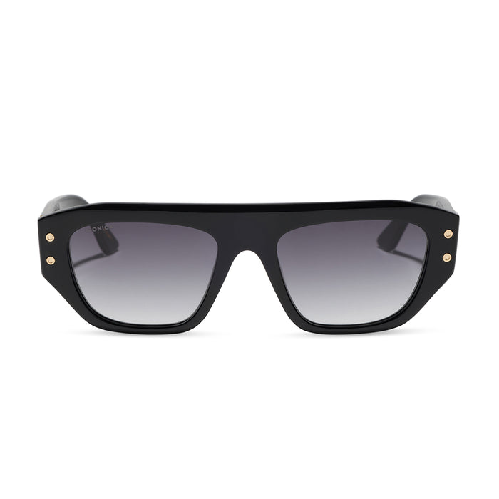iconica featuring the calla rectangle sunglasses with a black frame and grey gradient polarized lenses front view