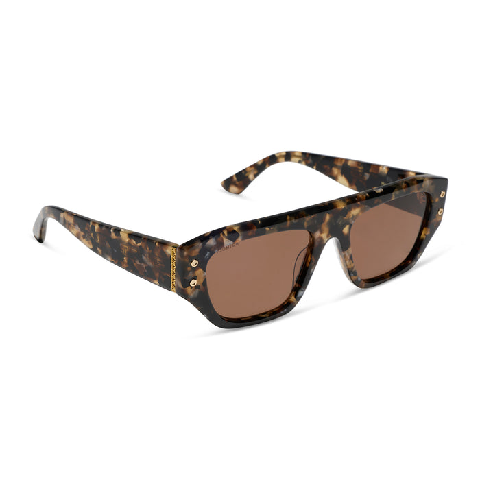iconica featuring the calla rectangle sunglasses with a tortoise frame and brown polarized lenses angled view