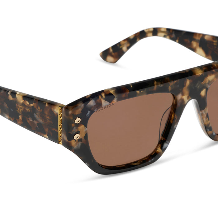 iconica featuring the calla rectangle sunglasses with a tortoise frame and brown polarized lenses detailed view