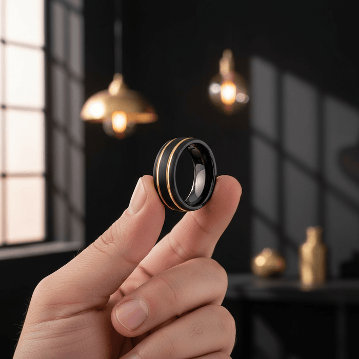 CALLISTO — Held between fingers close-up — men's tungsten wedding ring.