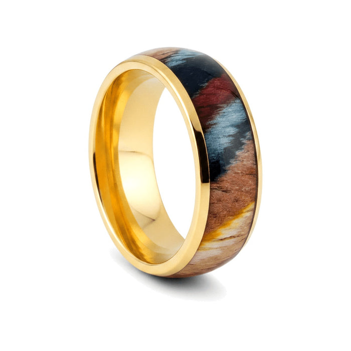 CARVEDEN yellow gold tungsten ring with colorful dyed rosewood inlay - front view