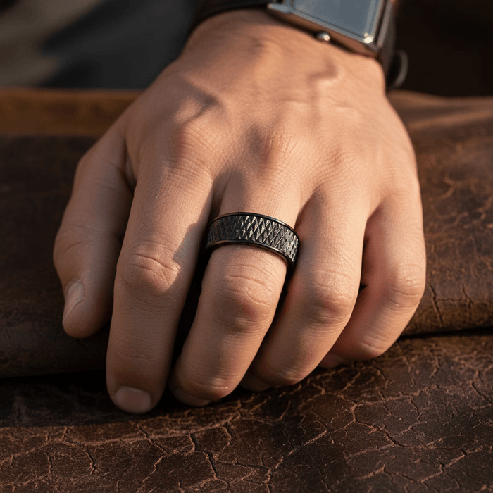 CASSIUS — lifestyle on hand — men's tungsten carbide wedding ring | Aydins Jewelry