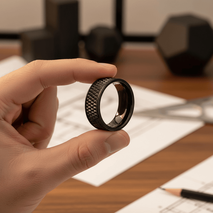 CASSIUS — close-up detail — men's tungsten carbide wedding ring | Aydins Jewelry