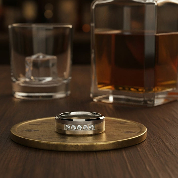 Aydins CETUS | Silver Tungsten Ring, 7 White CZ Diamonds, Beveled lifestyle scene, whiskey decanter bar