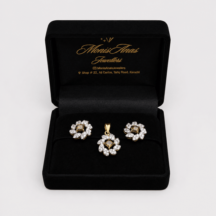 Champagne Zircon Pearl Floral Set – Pendant & Earrings - Monis Anas Jewellers