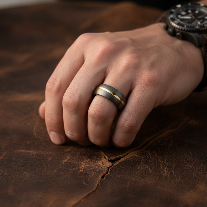 CHARGOLD — Lifestyle photo on hand — men's tungsten wedding ring.