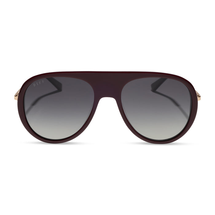 diff eyewear cleo oversized aviator sunglasses with a dark cherry lacquer red frame, gold temples and grey gradient polarized lenses front view