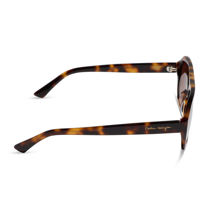 caitlin covington x diff eyewear featuring the collins navigator sunglasses with a spotted tortoise acetate frame and brown gradient polarized lenses side view