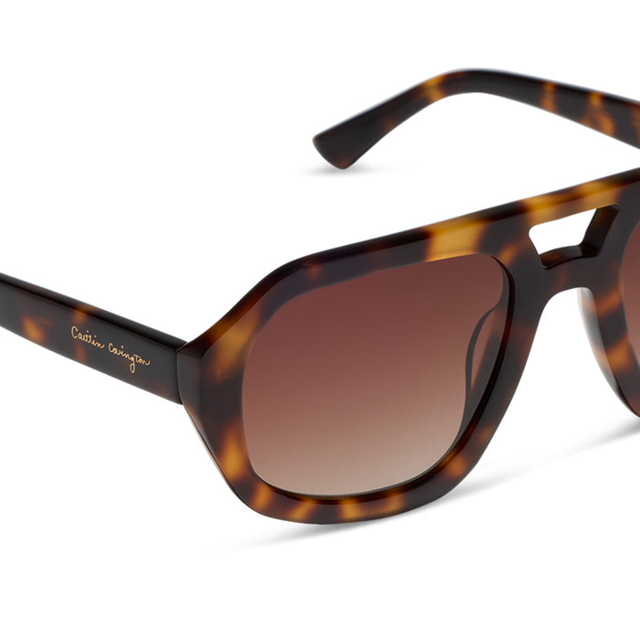 caitlin covington x diff eyewear featuring the collins navigator sunglasses with a spotted tortoise acetate frame and brown gradient polarized lenses detailed view