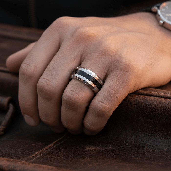 COLOSSAL — lifestyle on hand — men's tungsten carbide wedding ring | Aydins Jewelry