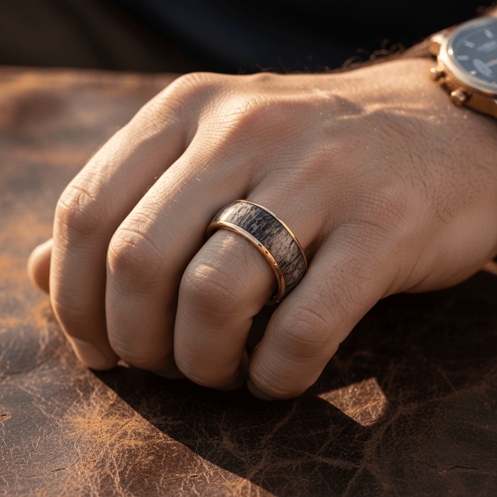 COLUMBA — Lifestyle photo on hand — men's tungsten wedding ring.
