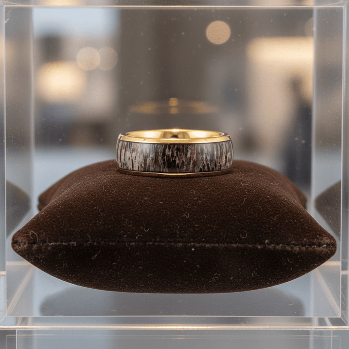 COLUMBA — Premium boutique display on velvet — men's tungsten wedding ring.