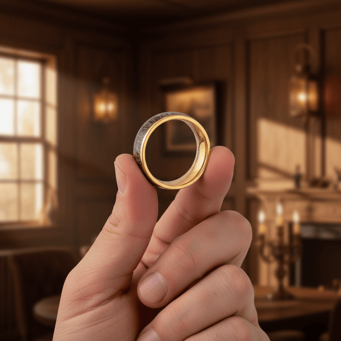 COLUMBA — Held between fingers close-up — men's tungsten wedding ring.