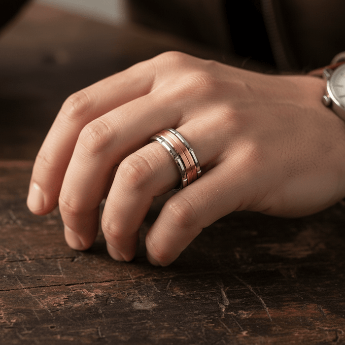 COMMAND — Lifestyle photo on hand — men's tungsten wedding ring.