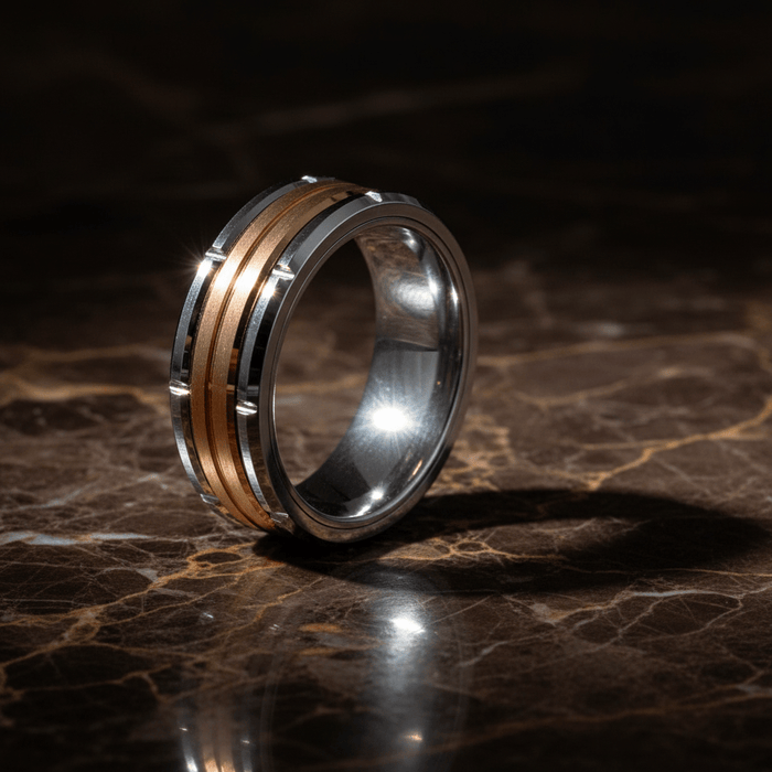 COMMAND — Luxury 3/4 angle on dark marble — men's tungsten wedding ring.