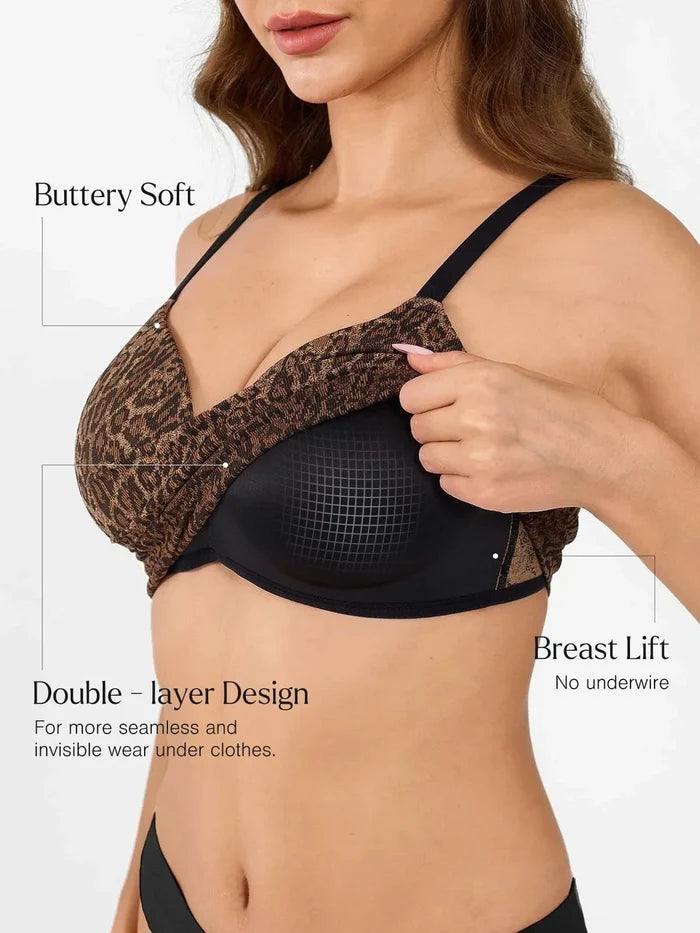 ContourLift leopard print push-up bra with double-layer design and breast lift.
