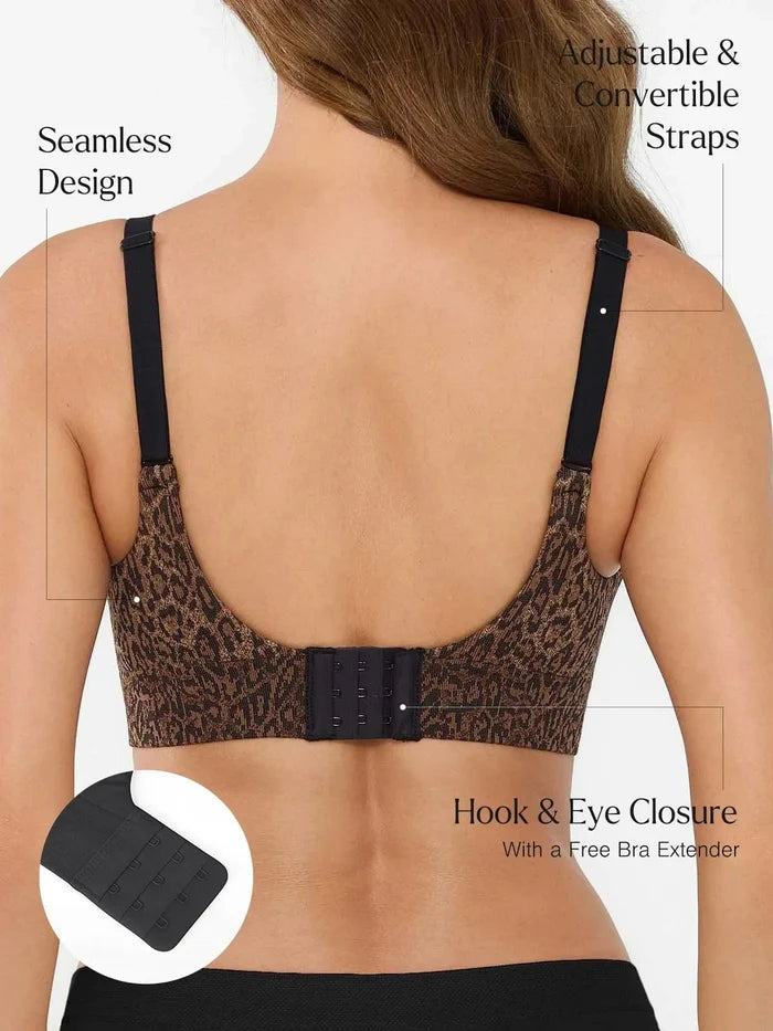 Leopard print ContourLift bra back view with adjustable straps and hook & eye closure