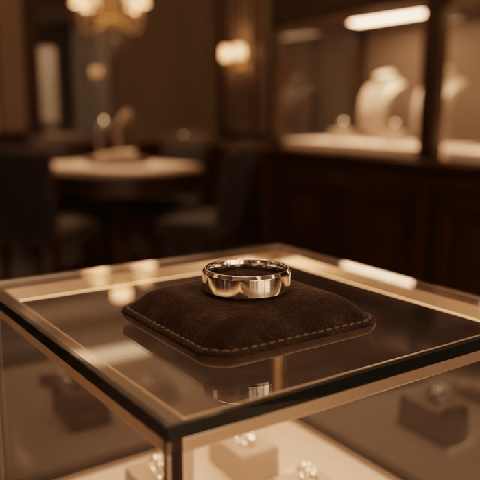 COOPER — Premium boutique display on velvet — men's tungsten wedding ring.