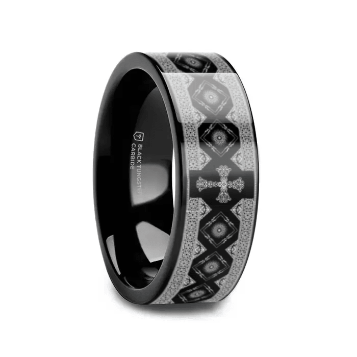 COVENANT Black tungsten Christian wedding ring — angle 1