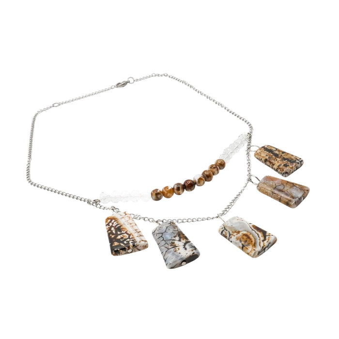Crazy Lace Agate Necklace Silver Tone Chain Beaded Fringe 18”