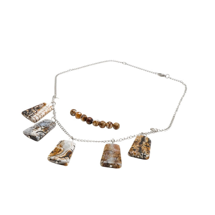 Crazy Lace Agate Necklace Silver Tone Chain Beaded Fringe 18”