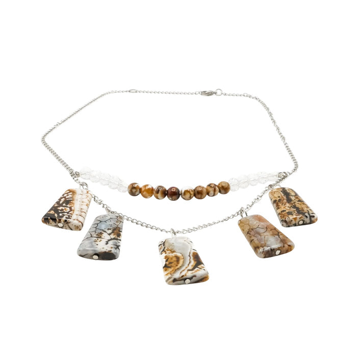 Crazy Lace Agate Necklace Silver Tone Chain Beaded Fringe 18”