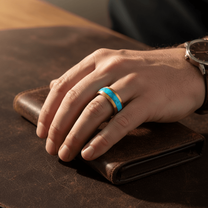 CYANITE — Lifestyle photo on hand — men's tungsten wedding ring.