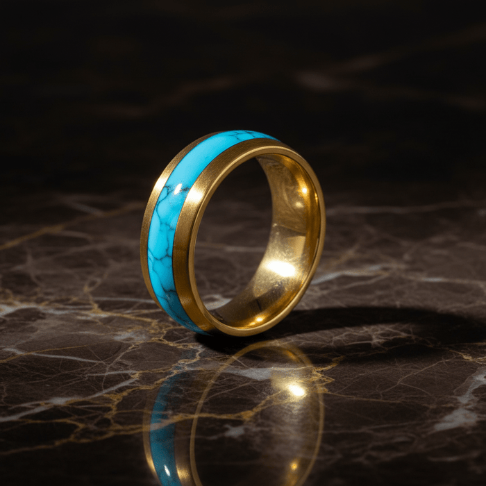 CYANITE — Luxury 3/4 angle on dark marble — men's tungsten wedding ring.