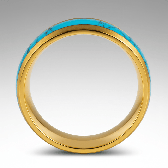 CYANITE — Center-through axial view — men's tungsten wedding ring.