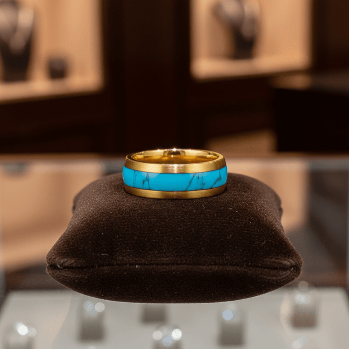 CYANITE — Premium boutique display on velvet — men's tungsten wedding ring.