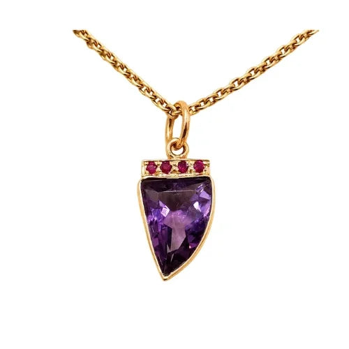 Dainty 14k Gold Purple Amethyst Pendant, Ruby Accent