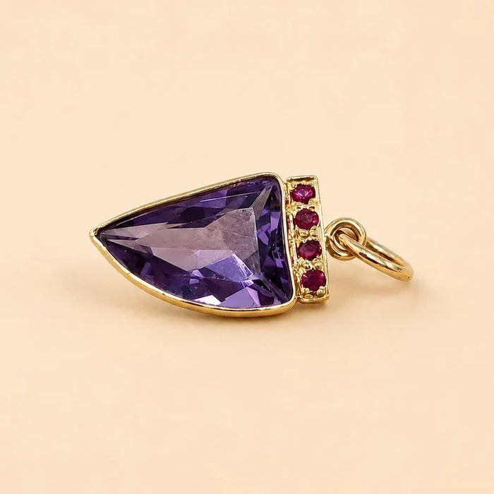 Dainty 14k Gold Purple Amethyst Pendant, Ruby Accent