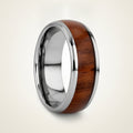 DALBERG silver tungsten carbide domed wedding band with rosewood inlay running around the band and polished finish, studio hero shot