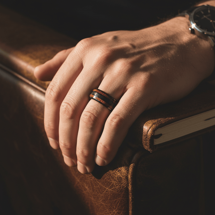 DAPPER — Lifestyle photo on hand — men's tungsten wedding ring.