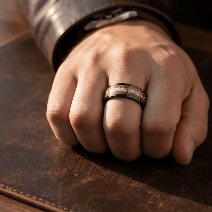 DEERWOOD — Lifestyle photo on hand — men's tungsten wedding ring.